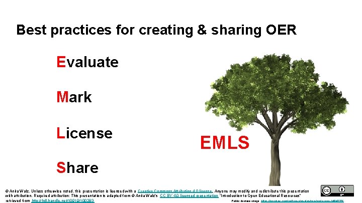 Best practices for creating & sharing OER Evaluate Mark License EMLS Share © Anita