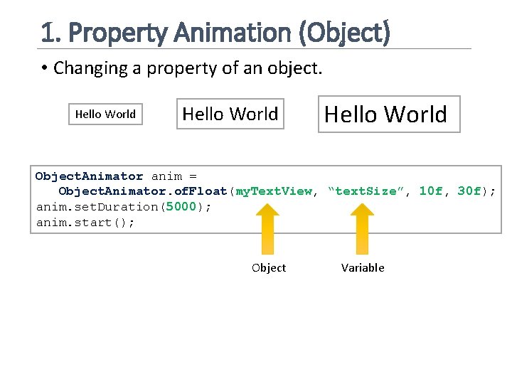 1. Property Animation (Object) • Changing a property of an object. Hello World Object.