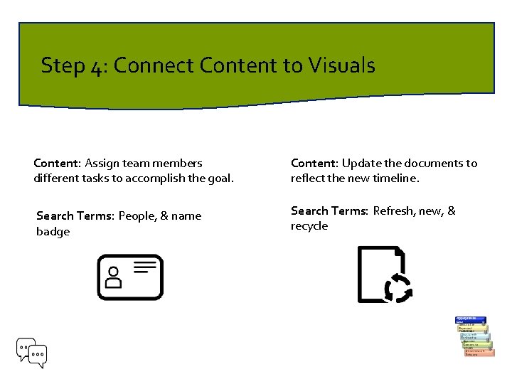 Step 4: Connect Content to Visuals Content: Assign team members different tasks to accomplish