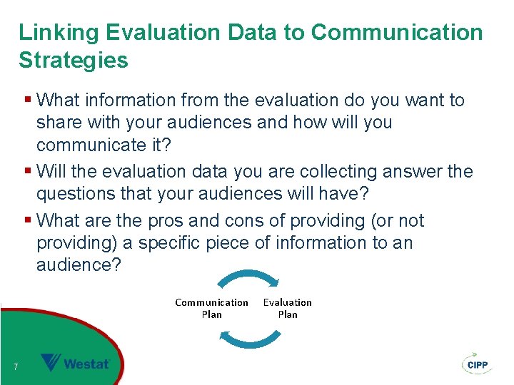 Linking Evaluation Data to Communication Strategies § What information from the evaluation do you