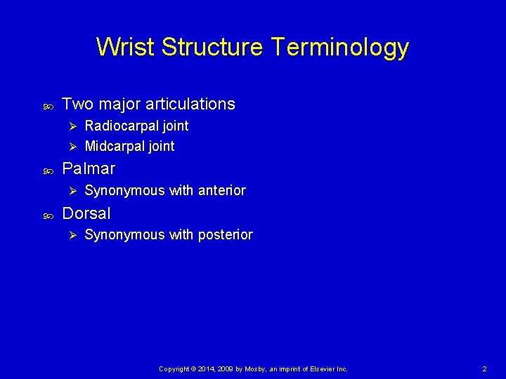 Wrist Structure Terminology Two major articulations Radiocarpal joint Ø Midcarpal joint Ø Palmar Ø