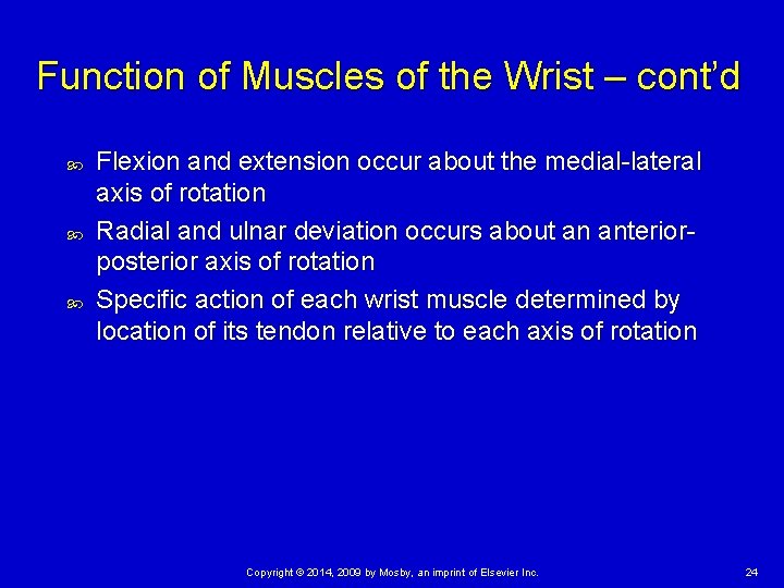 Function of Muscles of the Wrist – cont’d Flexion and extension occur about the