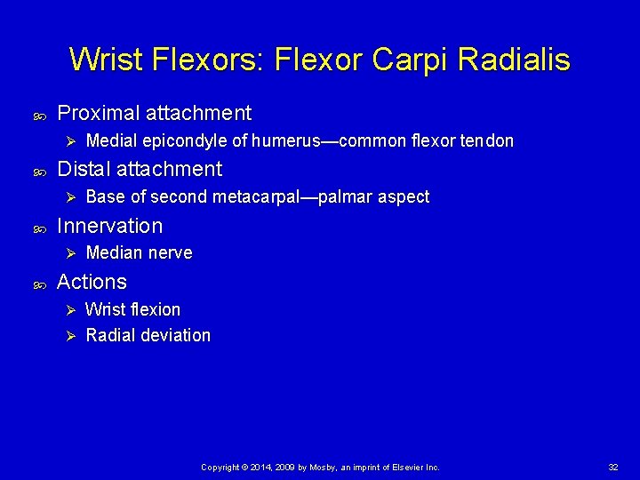 Wrist Flexors: Flexor Carpi Radialis Proximal attachment Ø Distal attachment Ø Base of second