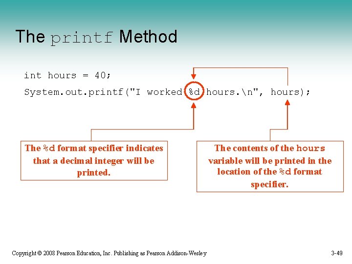 The printf Method int hours = 40; System. out. printf("I worked %d hours. n",