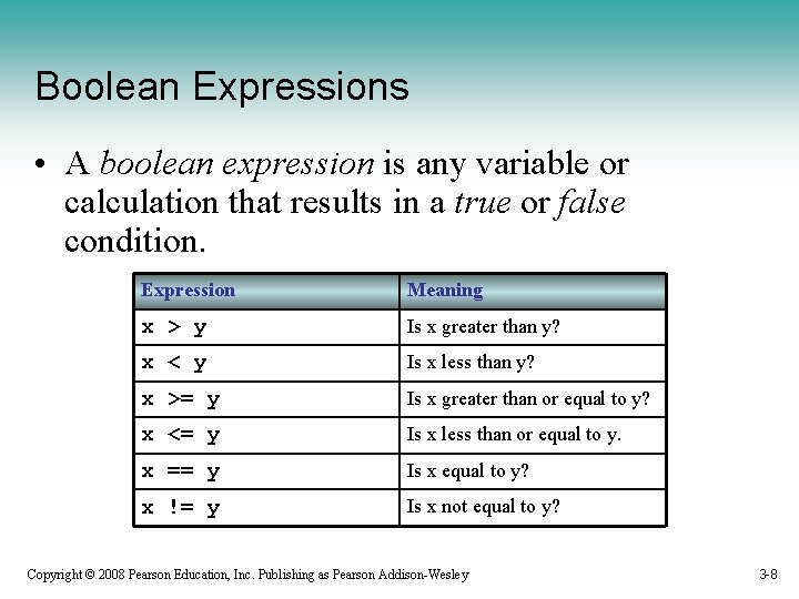 Boolean Expressions • A boolean expression is any variable or calculation that results in