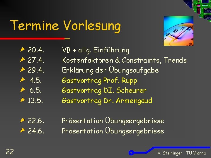 Termine Vorlesung 22 20. 4. 27. 4. 29. 4. 4. 5. 6. 5. 13.