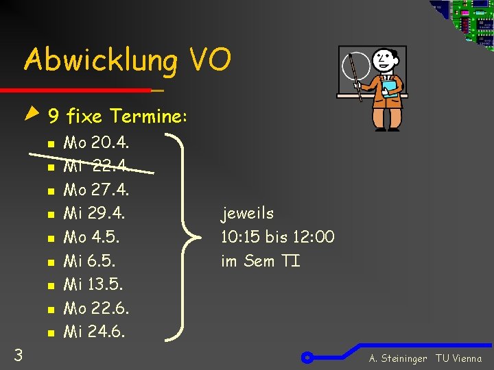 Abwicklung VO 9 fixe Termine: n n n n n 3 Mo 20. 4.