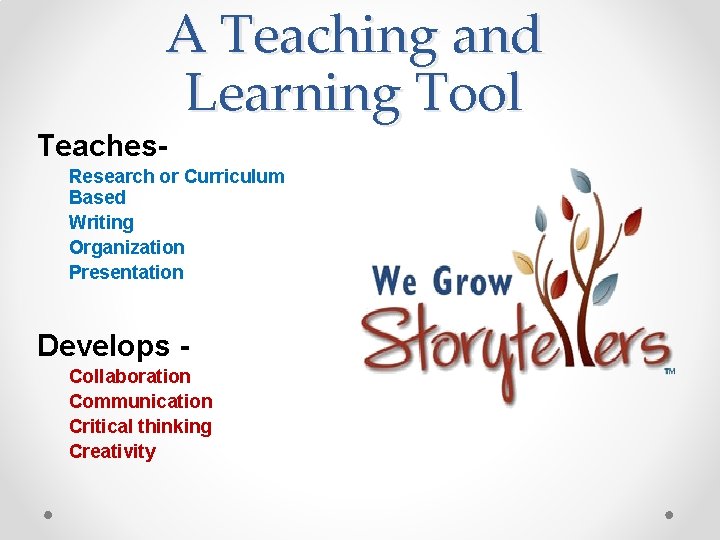 A Teaching and Learning Tool Teaches. Research or Curriculum Based Writing Organization Presentation Develops
