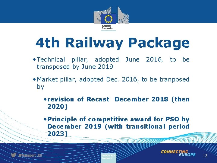 4 th Railway Package • Technical pillar, adopted June 2016, to be transposed by