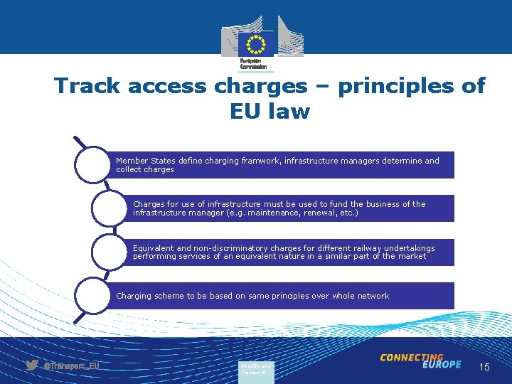 Track access charges – principles of EU law Member States define charging framwork, infrastructure