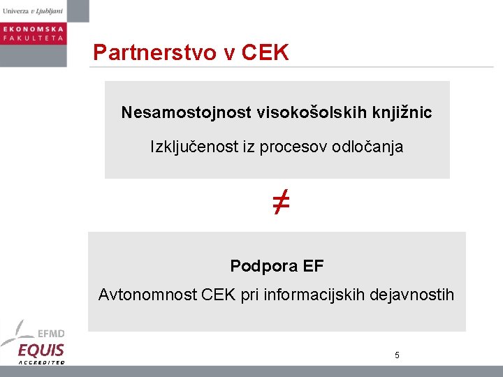 Partnerstvo v CEK Nesamostojnost visokošolskih knjižnic Izključenost iz procesov odločanja ≠ Podpora EF Avtonomnost