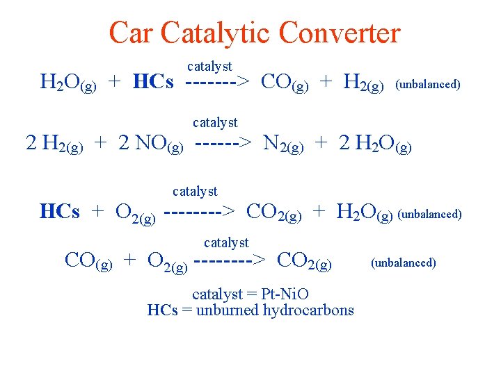 Car Catalytic Converter catalyst H 2 O(g) + HCs -------> CO(g) + H 2(g)