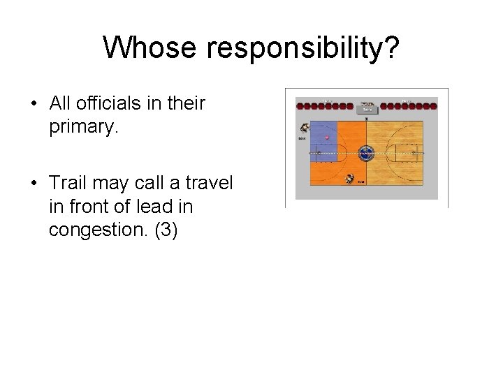 Whose responsibility? • All officials in their primary. • Trail may call a travel