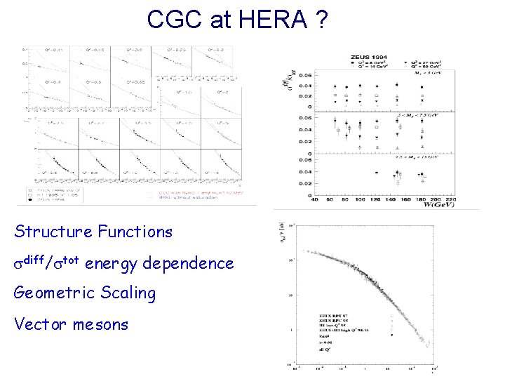 CGC at HERA ? Structure Functions diff/ tot energy dependence Geometric Scaling Vector mesons