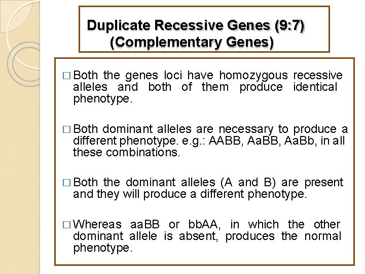 Duplicate Recessive Genes (9: 7) (Complementary Genes) � Both the genes loci have homozygous