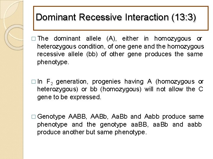 Dominant Recessive Interaction (13: 3) � The dominant allele (A), either in homozygous or