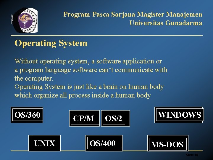 Program Pasca Sarjana Magister Manajemen Universitas Gunadarma Operating System Without operating system, a software