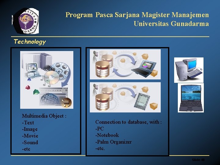 Program Pasca Sarjana Magister Manajemen Universitas Gunadarma Technology Multimedia Object : -Text -Image -Movie