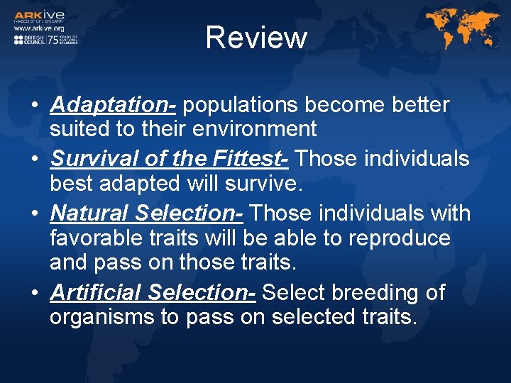 Review • Adaptation- populations become better suited to their environment • Survival of the