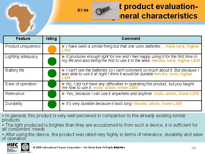 RY 04 Feature rating Test product evaluationgeneral characteristics Comment Product uniqueness I have seen