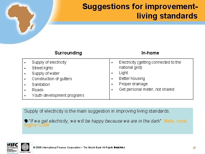 Suggestions for improvementliving standards Surrounding § § § § Supply of electricity Street lights