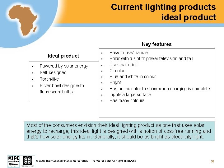 Current lighting products ideal product Key features Ideal product § § Powered by solar