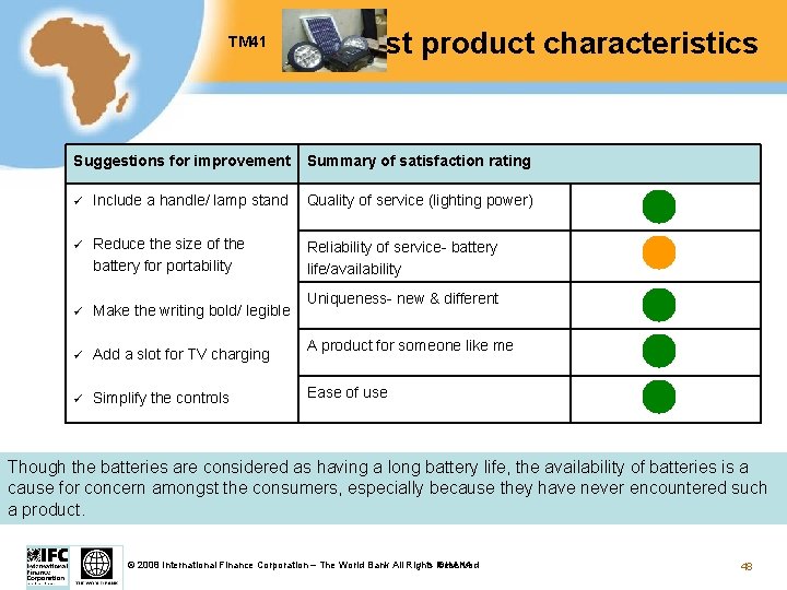 TM 41 Test product characteristics Suggestions for improvement Summary of satisfaction rating ü Include