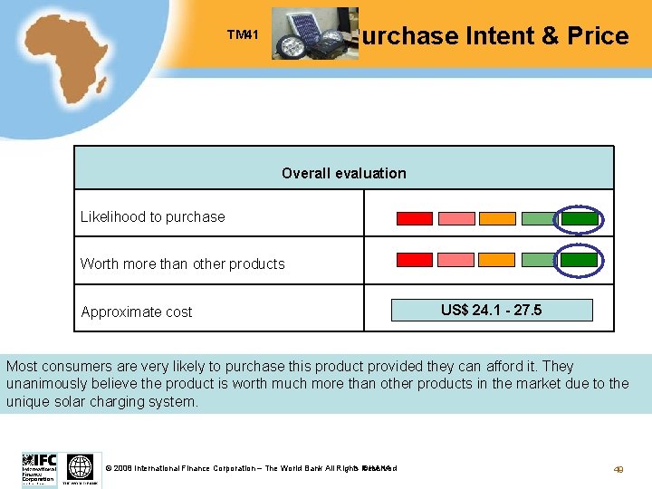 Purchase Intent & Price TM 41 Overall evaluation Likelihood to purchase Worth more than