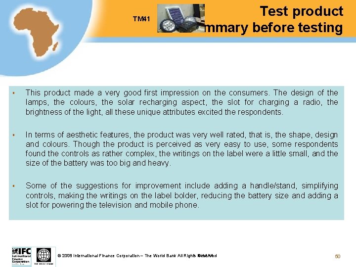 TM 41 Test product summary before testing § This product made a very good