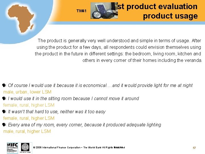 TM 41 Test product evaluation product usage The product is generally very well understood