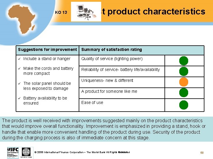 KO 13 Test product characteristics Suggestions for improvement Summary of satisfaction rating ü Include