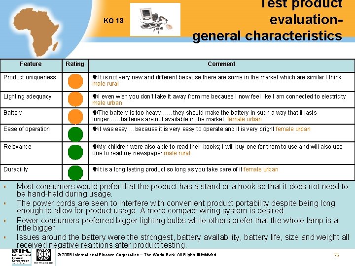 KO 13 Feature Rating Test product evaluationgeneral characteristics Comment Product uniqueness It is not