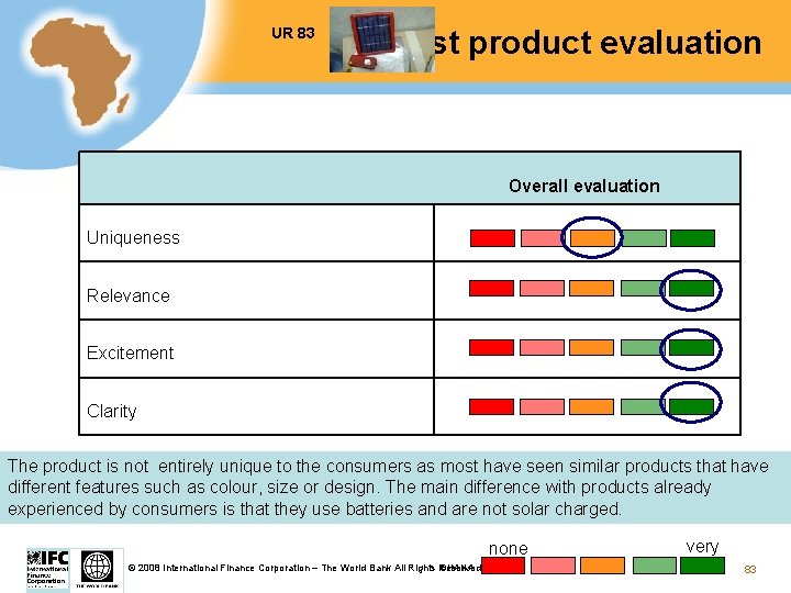 UR 83 Test product evaluation Overall evaluation Uniqueness Relevance Excitement Clarity The product is