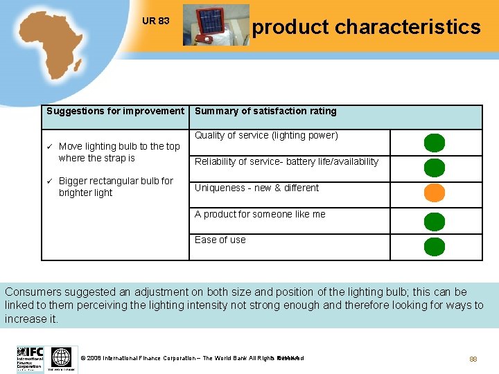 UR 83 Suggestions for improvement Test product characteristics Summary of satisfaction rating Quality of