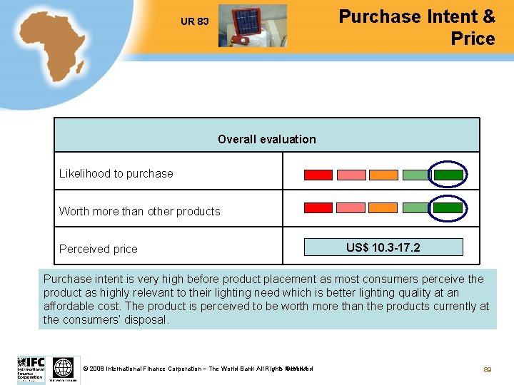 Purchase Intent & Price UR 83 Overall evaluation Likelihood to purchase Worth more than