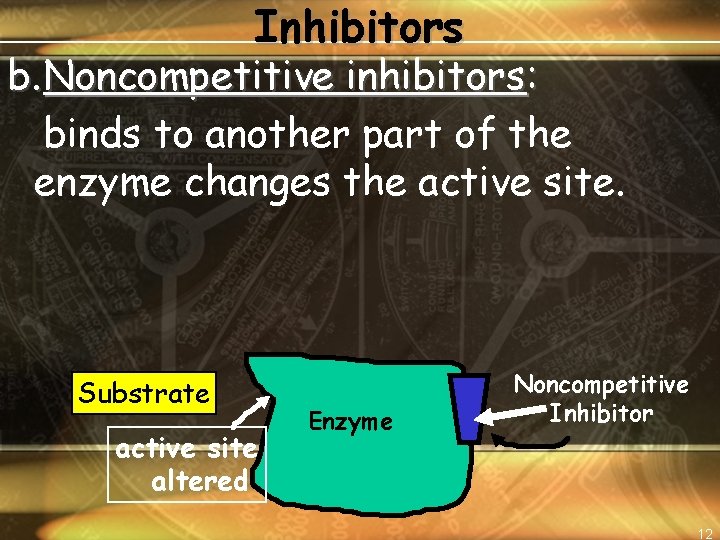 Inhibitors b. Noncompetitive inhibitors: binds to another part of the enzyme changes the active