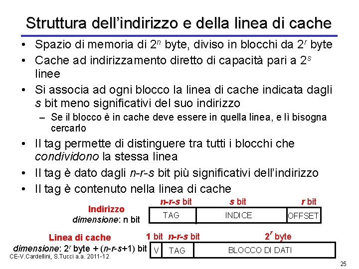 Struttura dell’indirizzo e della linea di cache • Spazio di memoria di 2 n