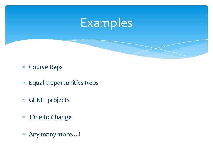 Examples Course Reps Equal Opportunities Reps GENIE projects Time to Change Any many more…!