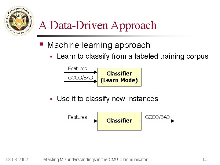 A Data-Driven Approach § Machine learning approach § Learn to classify from a labeled