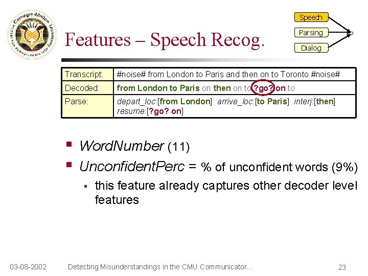 Speech Features – Speech Recog. Dialog Transcript: #noise# from London to Paris and then