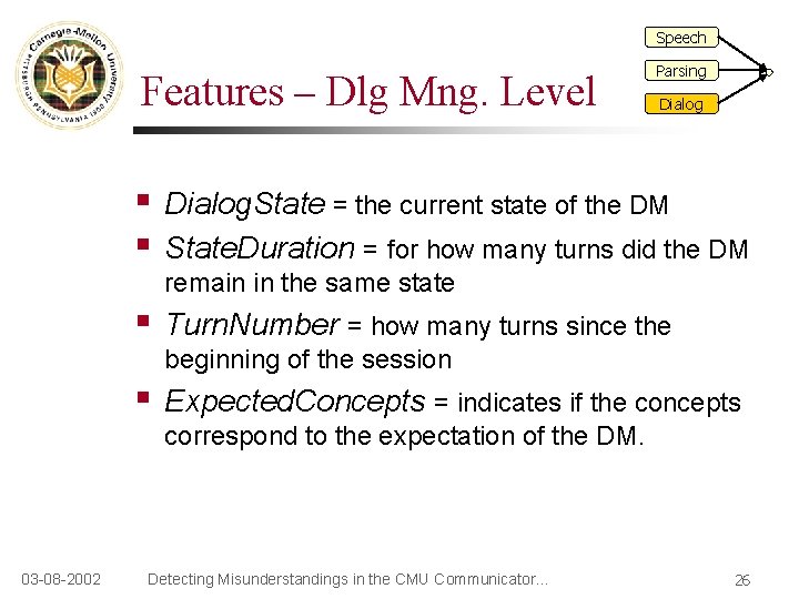 Speech Features – Dlg Mng. Level § § Parsing Dialog. State = the current