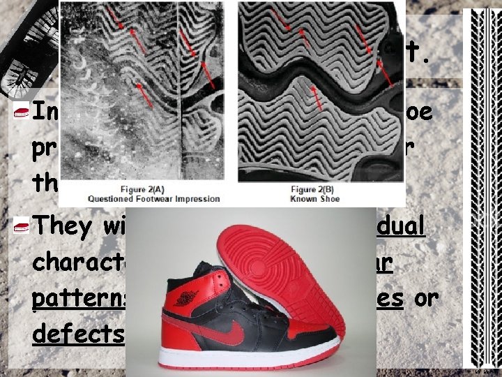 Shoe Print cont. Investigators can analyze a shoe print to determine its class, or