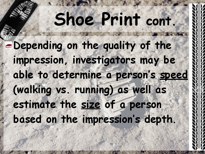 Shoe Print cont. Depending on the quality of the impression, investigators may be able