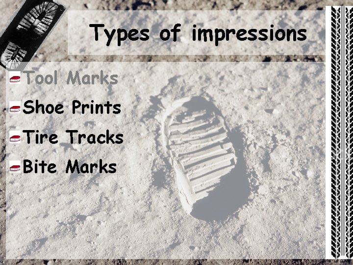 Types of impressions Tool Marks Shoe Prints Tire Tracks Bite Marks Mr. Mc. Niff Types of impressions Tool Marks Shoe Prints Tire Tracks Bite Marks Mr. Mc. Niff