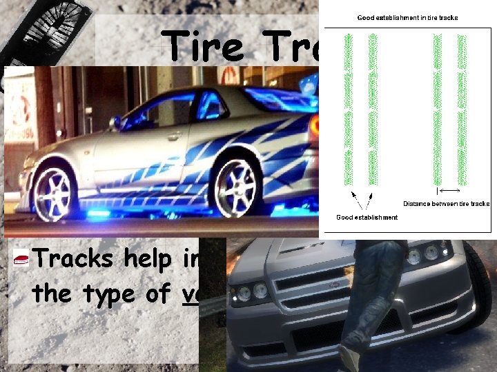 Tire Tracks Tire tracks are usually found in road accident scenes or in the