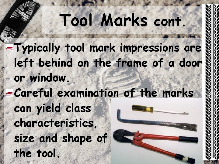 Tool Marks cont. Typically tool mark impressions are left behind on the frame of Tool Marks cont. Typically tool mark impressions are left behind on the frame of