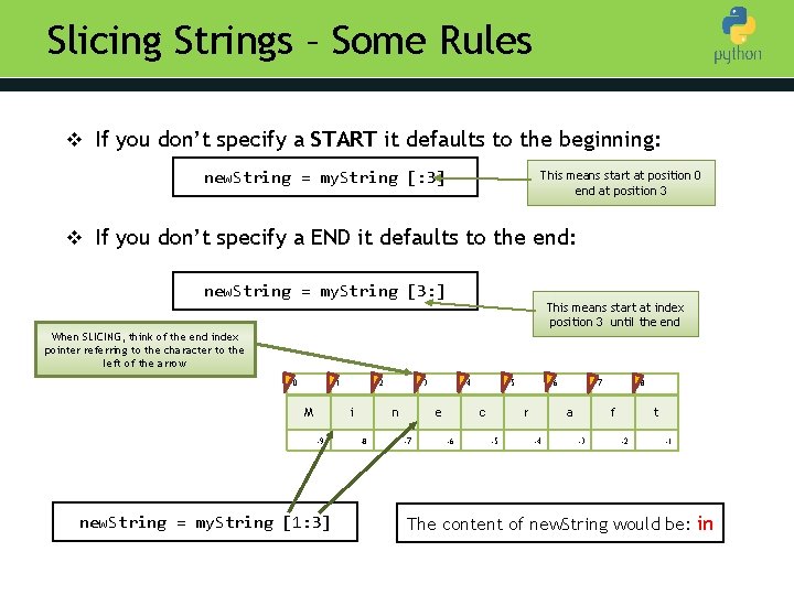 Slicing Strings – Some Rules v If you don’t specify a START it defaults