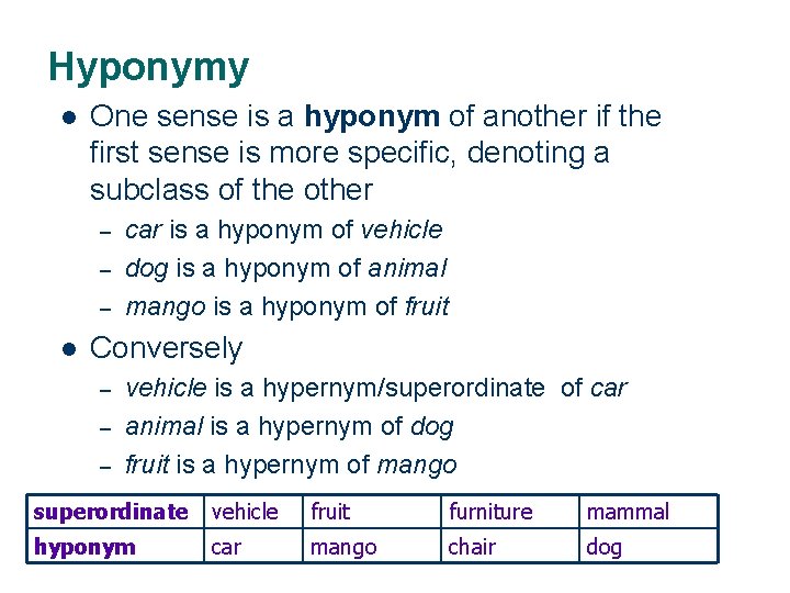 Hyponymy l One sense is a hyponym of another if the first sense is