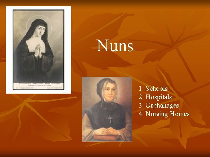 Nuns 1. Schools 2. Hospitals 3. Orphanages 4. Nursing Homes Nuns 1. Schools 2. Hospitals 3. Orphanages 4. Nursing Homes