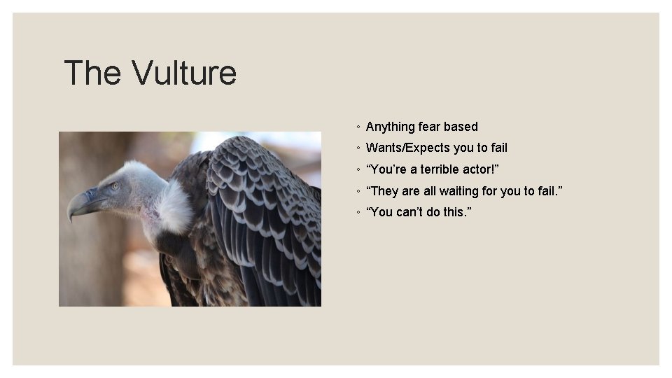 The Vulture ◦ Anything fear based ◦ Wants/Expects you to fail ◦ “You’re a